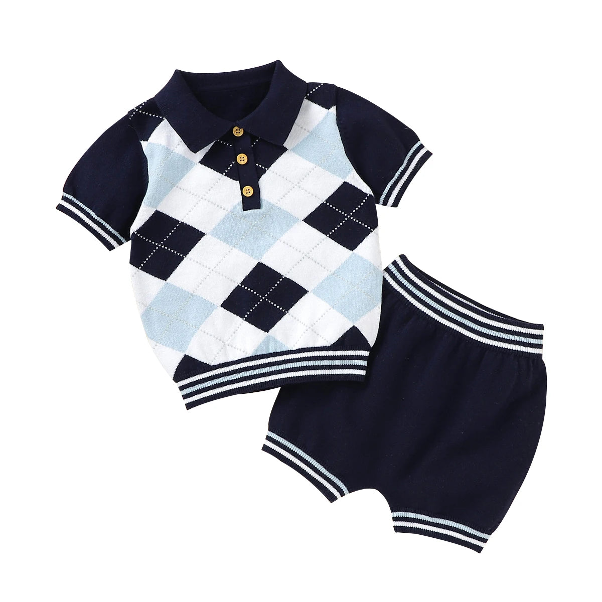 サマーベビー男の子ジェントルマンスタイル服セット ファッション ブルー 半袖 タートルネックTシャツ+ショートパンツ 幼児用コットン服 0-18ヶ月
