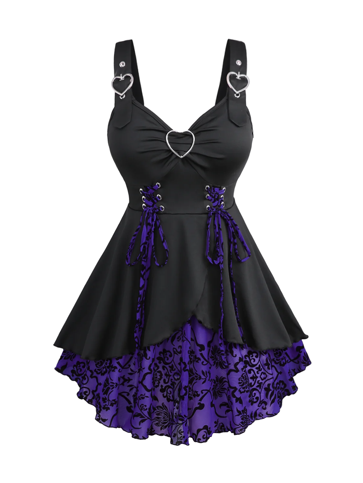 Floral Flocking Tulip Hem Layered Ruffles Lace Up Ruched Heart Buckles Tank Top