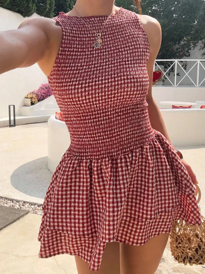 Basic Collar Plaid Sleeveless Puffy Dress