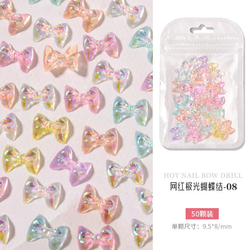 50PCS Aurora Acrylic 3D Nail Art Bow Charm For Nails Decoration Design Kawaii Manicure Accessories Bow-knot DIY Craft Supplies
