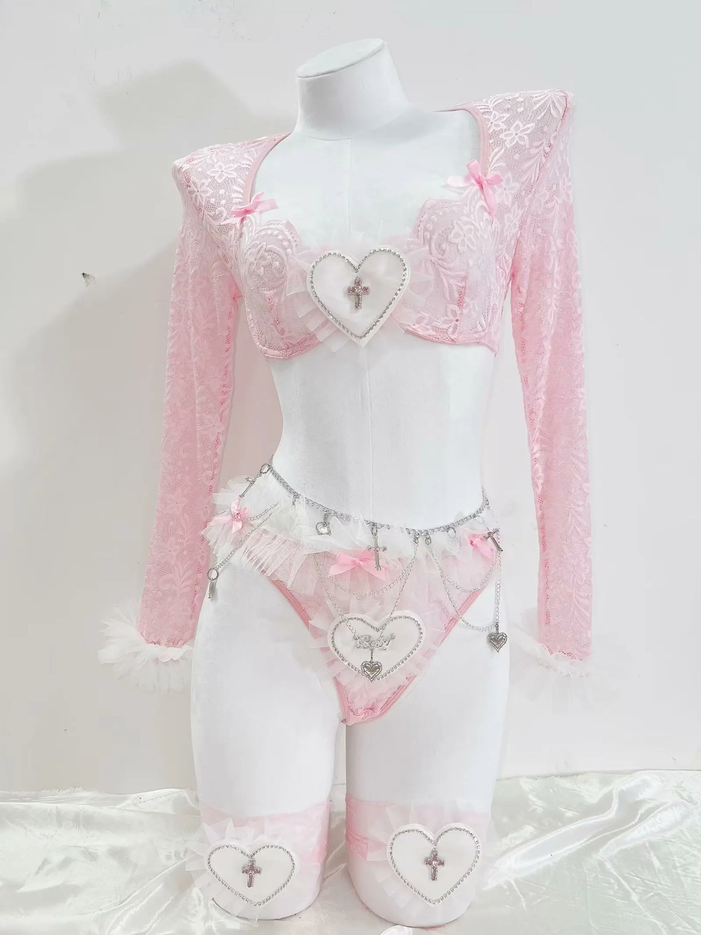 Pink Lace Heart & Cross Chain Lingerie Set
