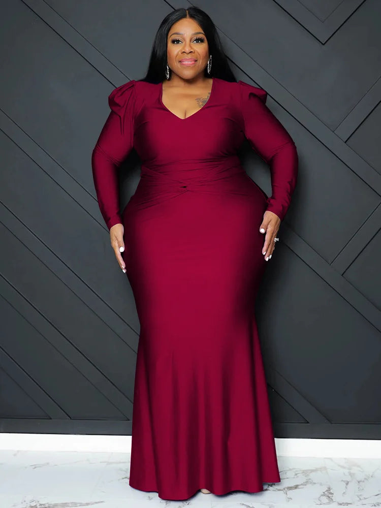 V Neck Long Sleeve Full Length Bodycon Dress