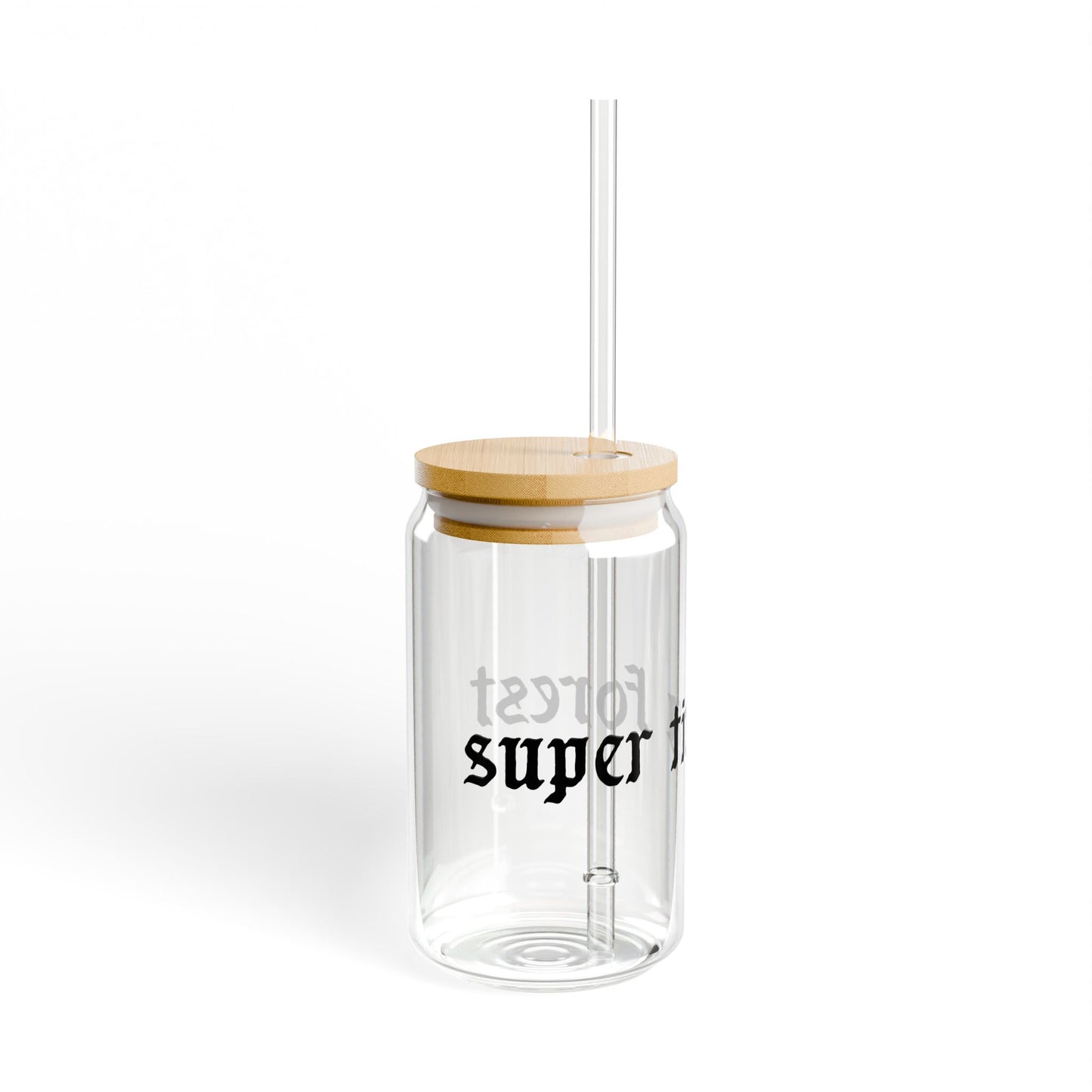 16oz Glass Sipper Cup with Straw — Gothic "super tiny fox" Script