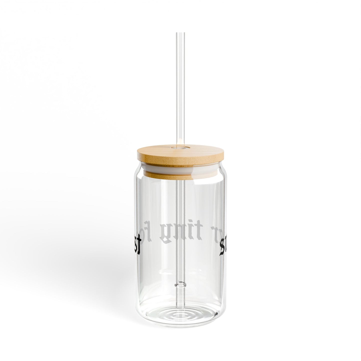 16oz Glass Sipper Cup with Straw — Gothic "super tiny fox" Script