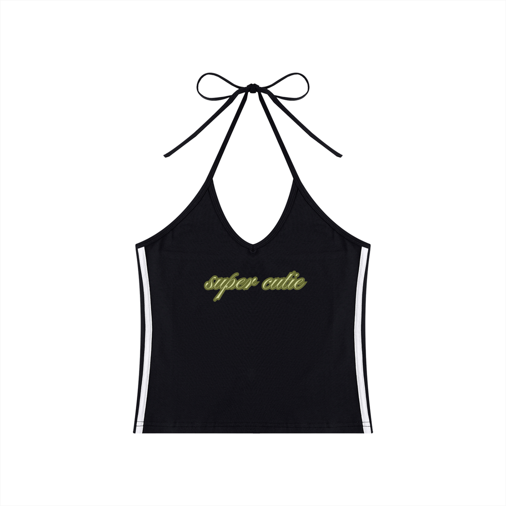 super tiny forest Hibiscus Women's Color Block Halter Crop Tank Top