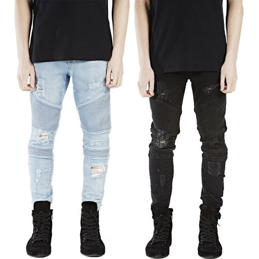 Motorcycle Pleated Ripped Jeans