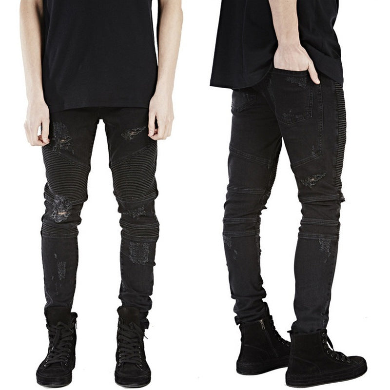 Motorcycle Pleated Ripped Jeans