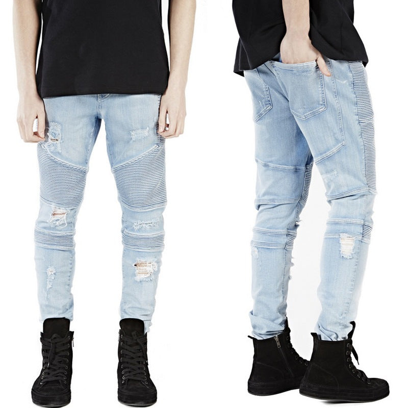 Motorcycle Pleated Ripped Jeans