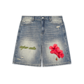 super tiny forest Hibiscus Faded Distressed Baggy Denim Shorts