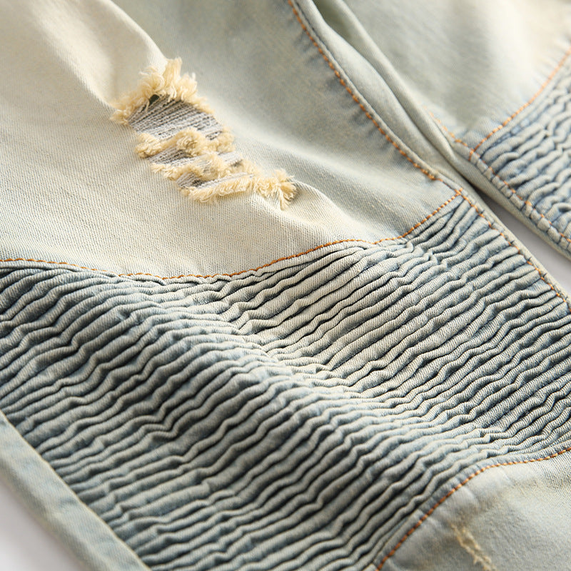 Motorcycle Pleated Ripped Denim Shorts