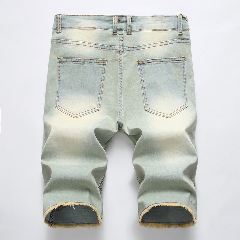Motorcycle Pleated Ripped Denim Shorts