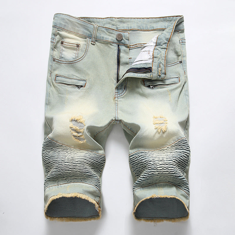 Motorcycle Pleated Ripped Denim Shorts