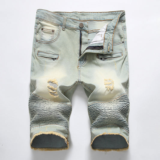 Motorcycle Pleated Ripped Denim Shorts