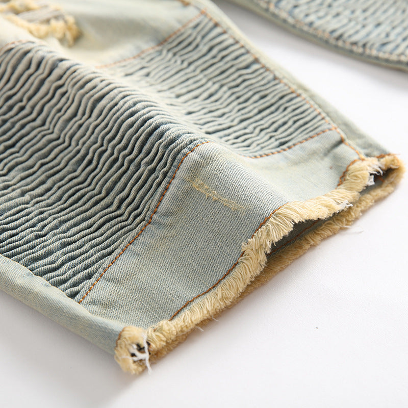 Motorcycle Pleated Ripped Denim Shorts