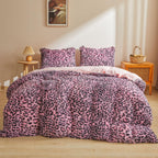 XeGe Cheetah Print Fluffy Faux Fur Duvet Cover Set, 3 Pieces Soft Plush Shaggy Fuzzy Bedding Set(1 Faux Fur Leopard Print Comforter Cover + 2 Furry Pillow Cases), Zipper Closure(King, Pink)