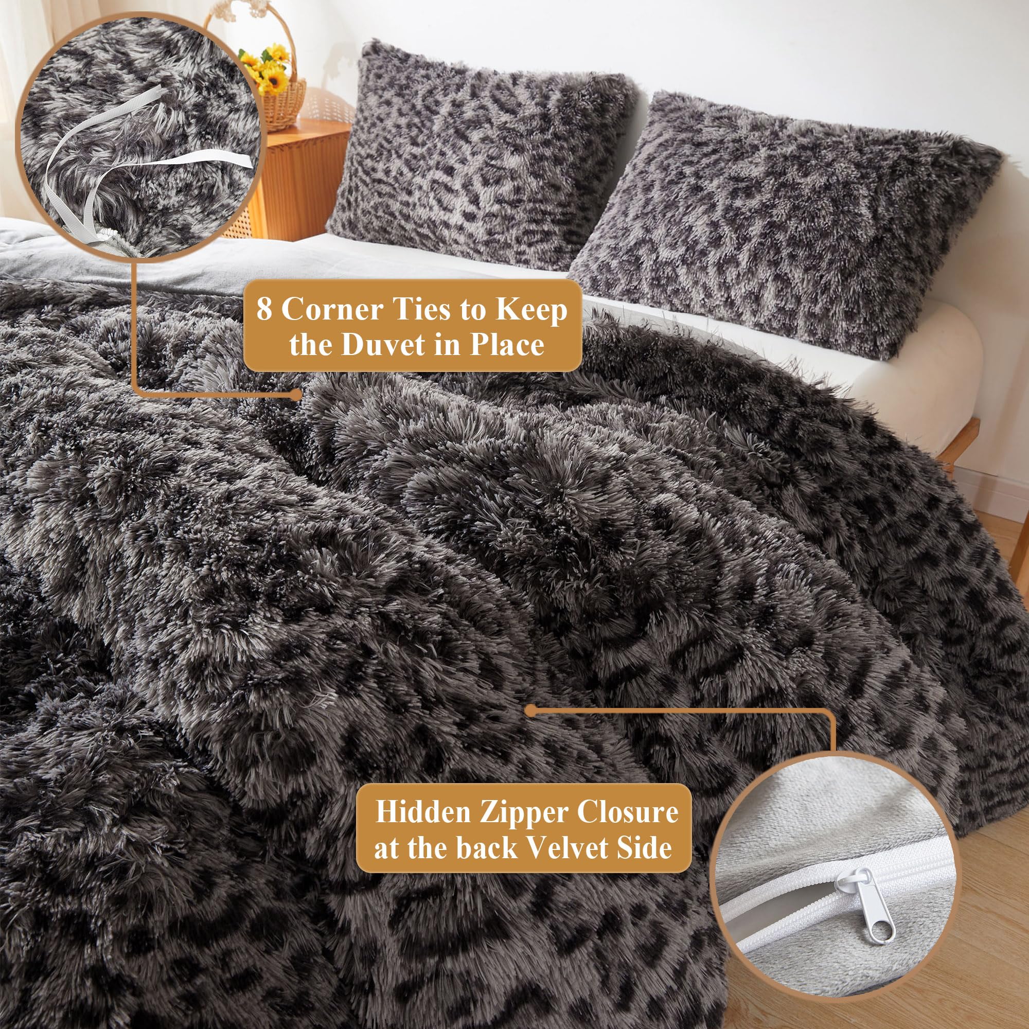 XeGe Cheetah Print Fluffy Faux Fur Duvet Cover Set, 3 Pieces Soft Plush Shaggy Fuzzy Bedding Set(1 Faux Fur Leopard Print Comforter Cover + 2 Furry Pillow Cases), Zipper Closure(King, Pink)