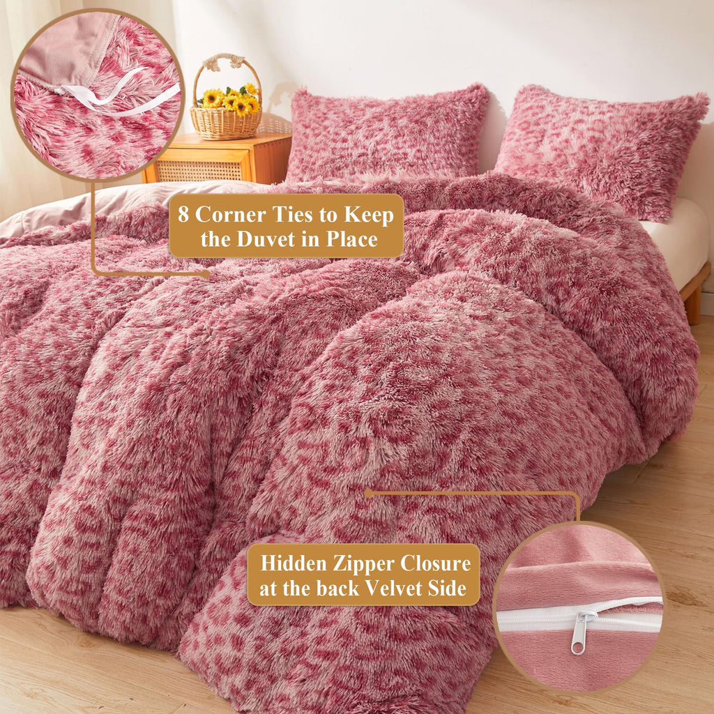 XeGe Cheetah Print Fluffy Faux Fur Duvet Cover Set, 3 Pieces Soft Plush Shaggy Fuzzy Bedding Set(1 Faux Fur Leopard Print Comforter Cover + 2 Furry Pillow Cases), Zipper Closure(King, Pink)