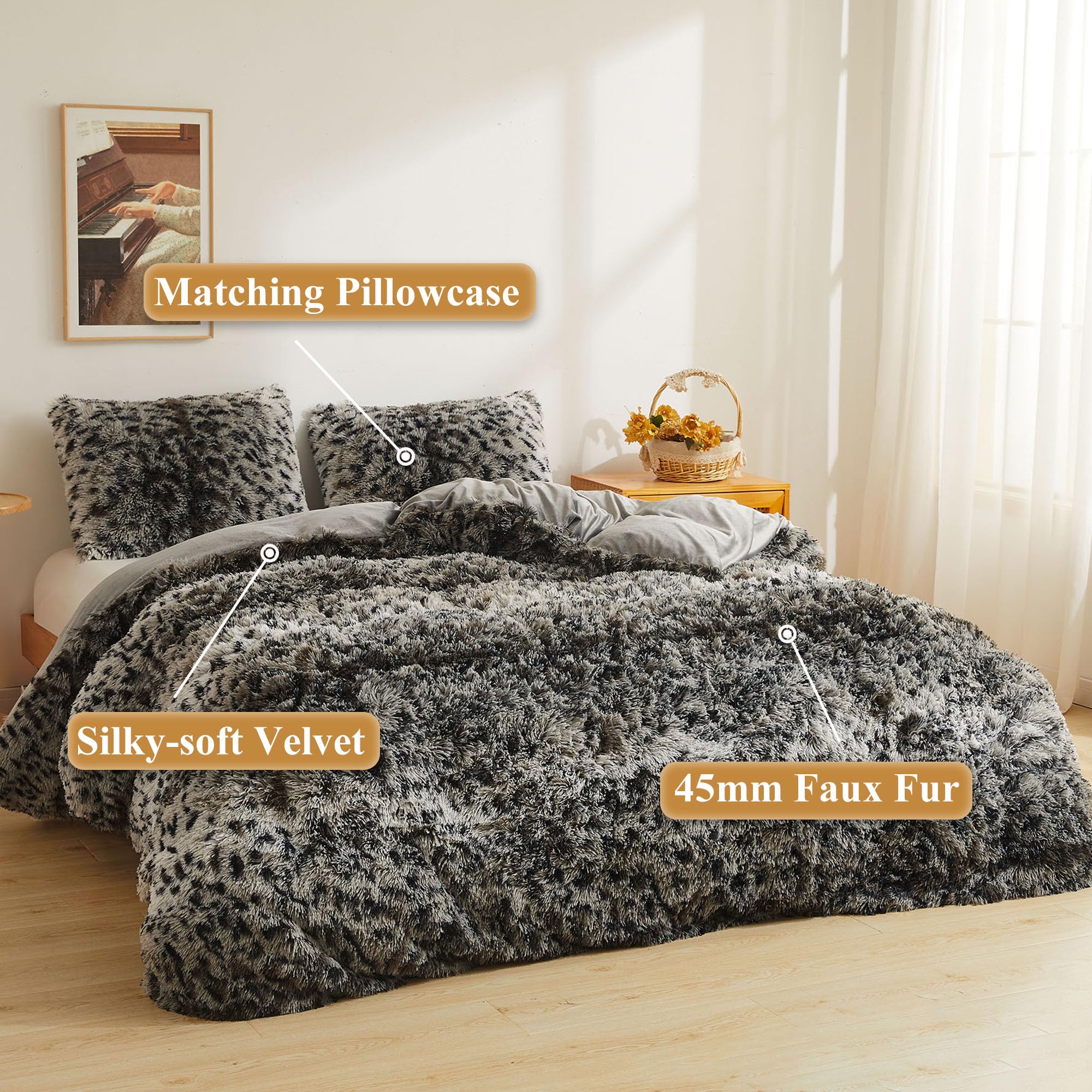 XeGe Cheetah Print Fluffy Faux Fur Duvet Cover Set, 3 Pieces Soft Plush Shaggy Fuzzy Bedding Set(1 Faux Fur Leopard Print Comforter Cover + 2 Furry Pillow Cases), Zipper Closure(King, Pink)