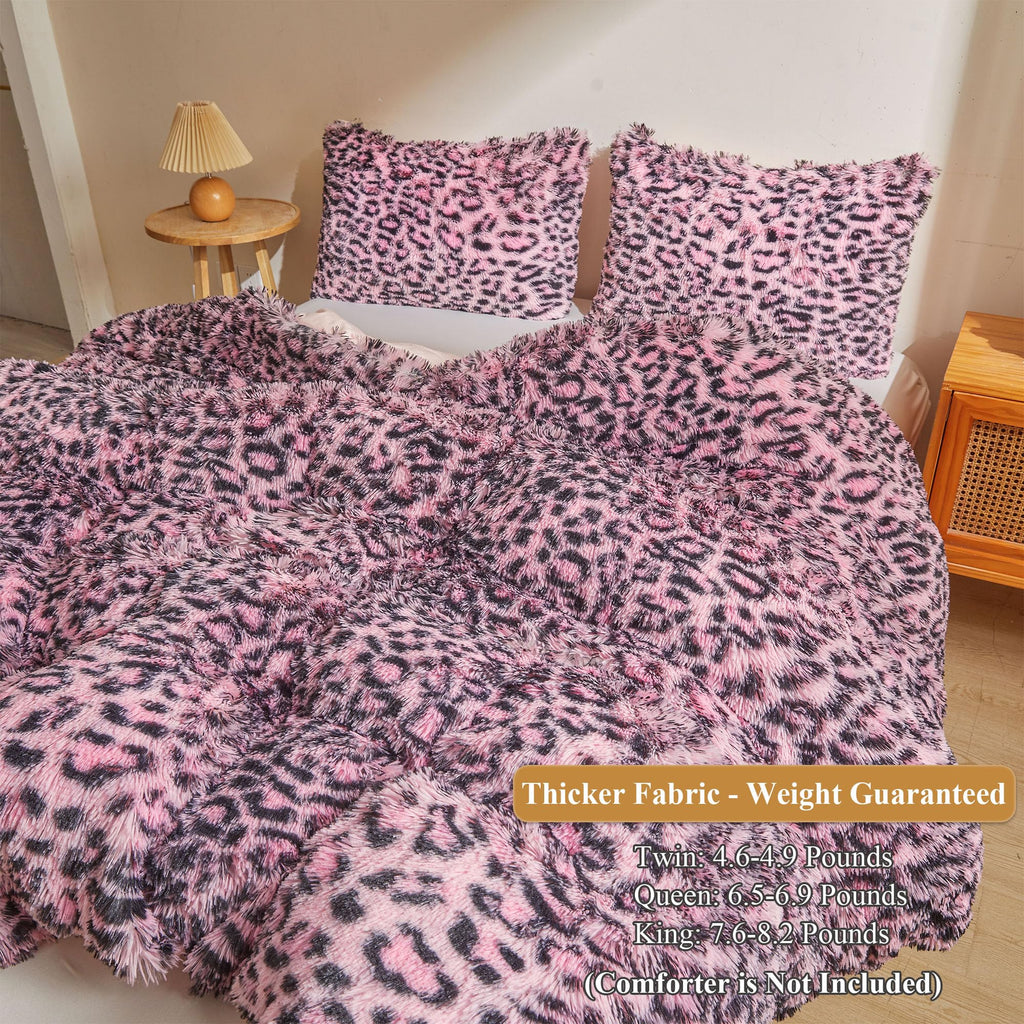 XeGe Cheetah Print Fluffy Faux Fur Duvet Cover Set, 3 Pieces Soft Plush Shaggy Fuzzy Bedding Set(1 Faux Fur Leopard Print Comforter Cover + 2 Furry Pillow Cases), Zipper Closure(King, Pink)