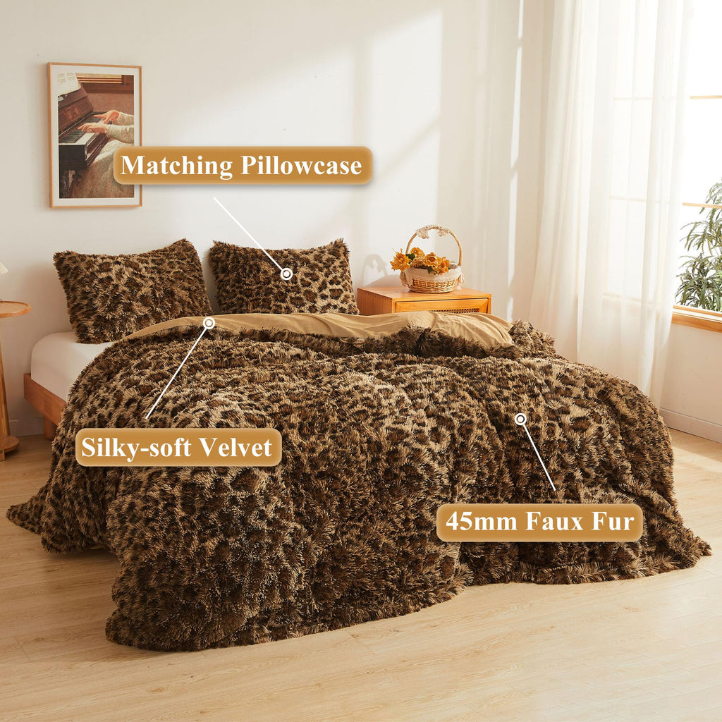 XeGe Cheetah Print Fluffy Faux Fur Duvet Cover Set, 3 Pieces Soft Plush Shaggy Fuzzy Bedding Set(1 Faux Fur Leopard Print Comforter Cover + 2 Furry Pillow Cases), Zipper Closure(King, Pink)
