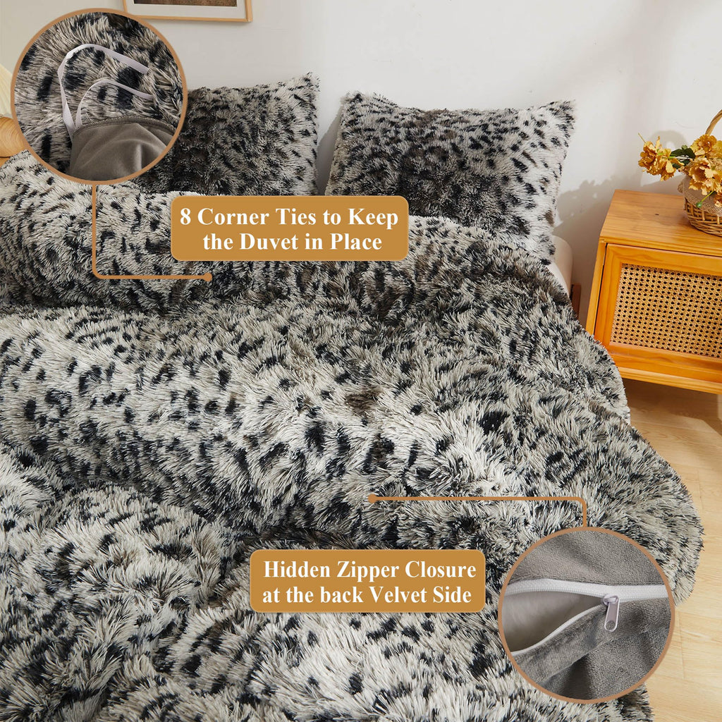 XeGe Cheetah Print Fluffy Faux Fur Duvet Cover Set, 3 Pieces Soft Plush Shaggy Fuzzy Bedding Set(1 Faux Fur Leopard Print Comforter Cover + 2 Furry Pillow Cases), Zipper Closure(King, Pink)