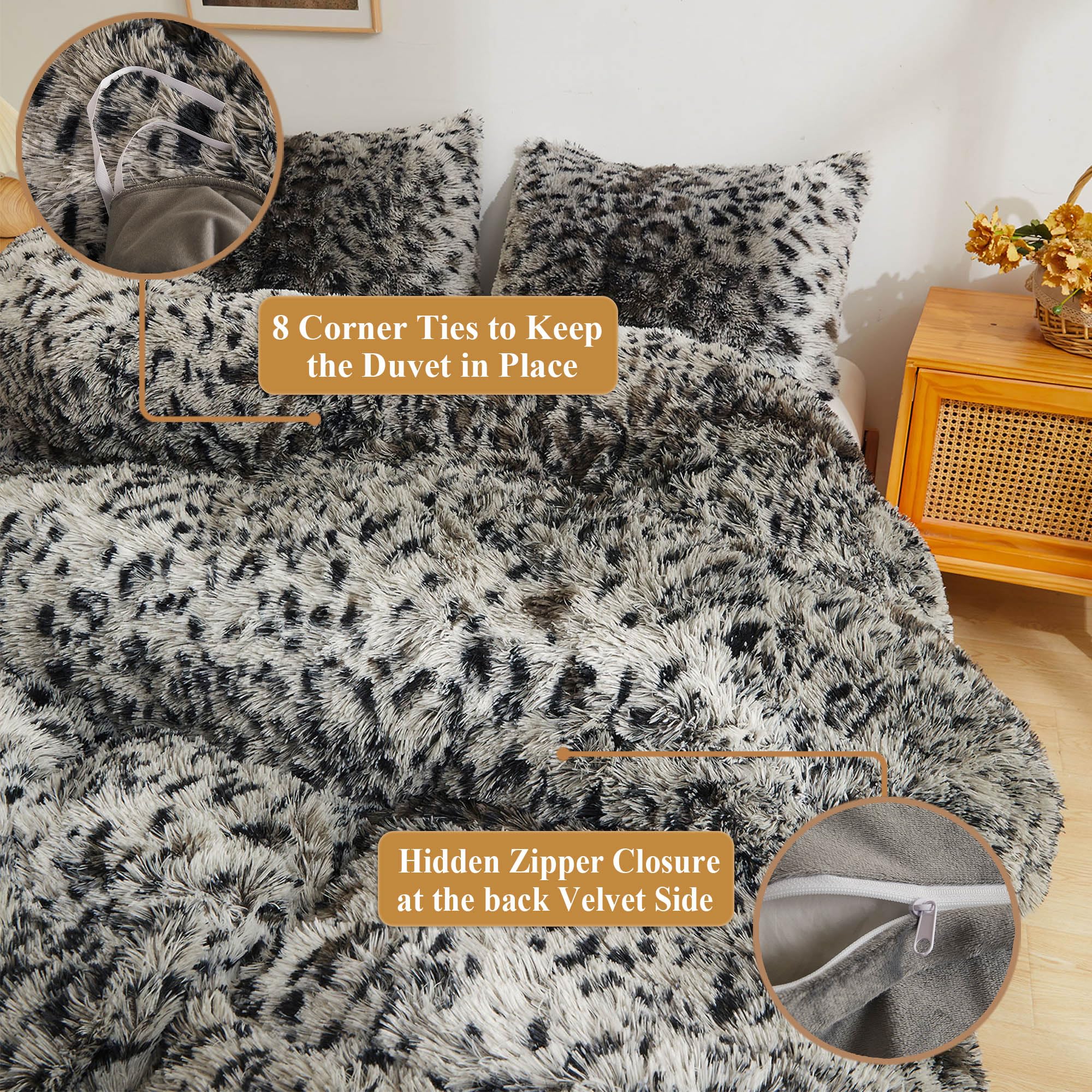 XeGe Cheetah Print Fluffy Faux Fur Duvet Cover Set, 3 Pieces Soft Plush Shaggy Fuzzy Bedding Set(1 Faux Fur Leopard Print Comforter Cover + 2 Furry Pillow Cases), Zipper Closure(King, Pink)