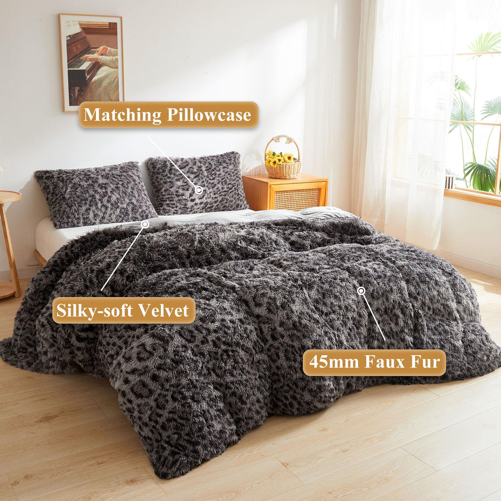 XeGe Cheetah Print Fluffy Faux Fur Duvet Cover Set, 3 Pieces Soft Plush Shaggy Fuzzy Bedding Set(1 Faux Fur Leopard Print Comforter Cover + 2 Furry Pillow Cases), Zipper Closure(King, Pink)