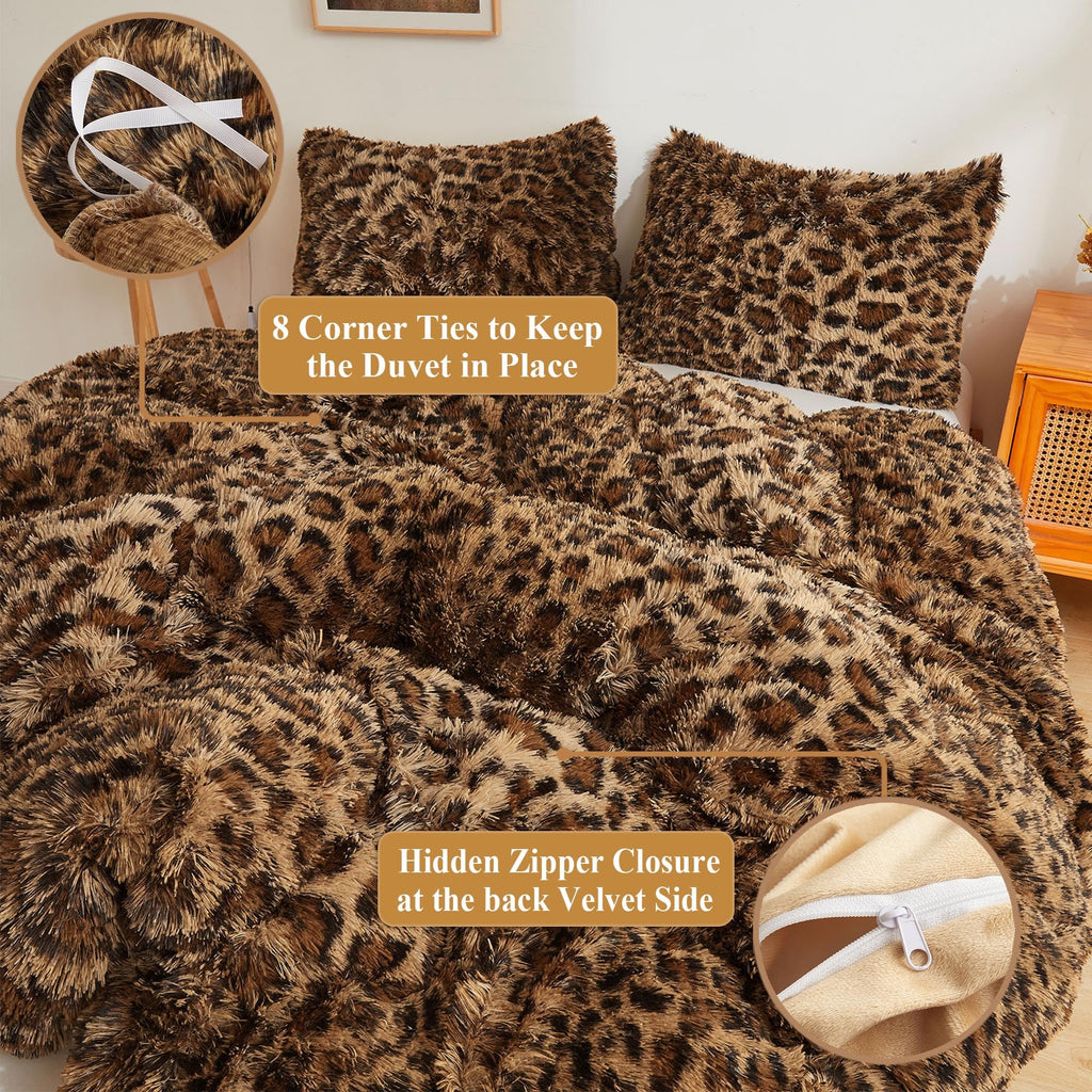 XeGe Cheetah Print Fluffy Faux Fur Duvet Cover Set, 3 Pieces Soft Plush Shaggy Fuzzy Bedding Set(1 Faux Fur Leopard Print Comforter Cover + 2 Furry Pillow Cases), Zipper Closure(King, Pink)