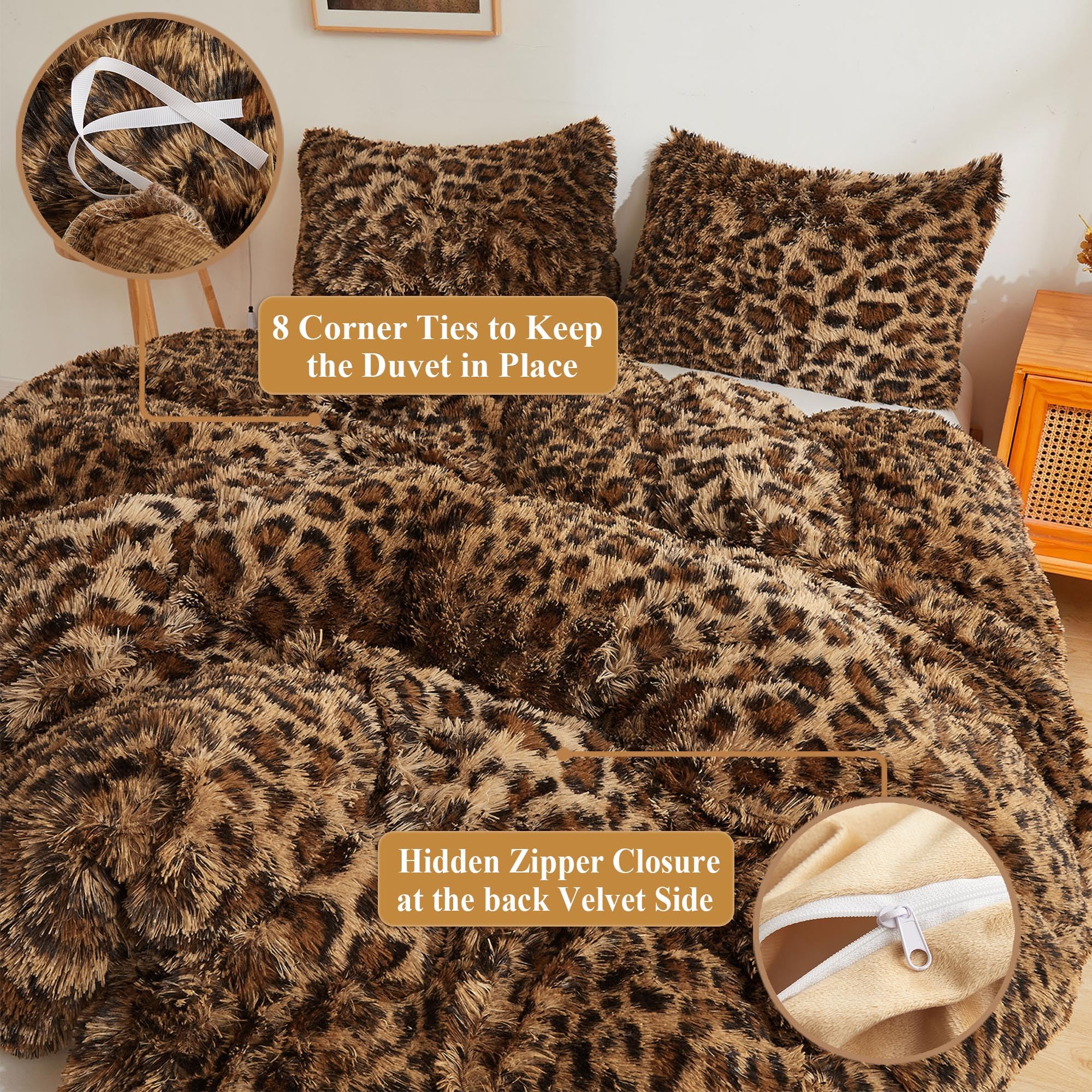 XeGe Cheetah Print Fluffy Faux Fur Duvet Cover Set, 3 Pieces Soft Plush Shaggy Fuzzy Bedding Set(1 Faux Fur Leopard Print Comforter Cover + 2 Furry Pillow Cases), Zipper Closure(King, Pink)