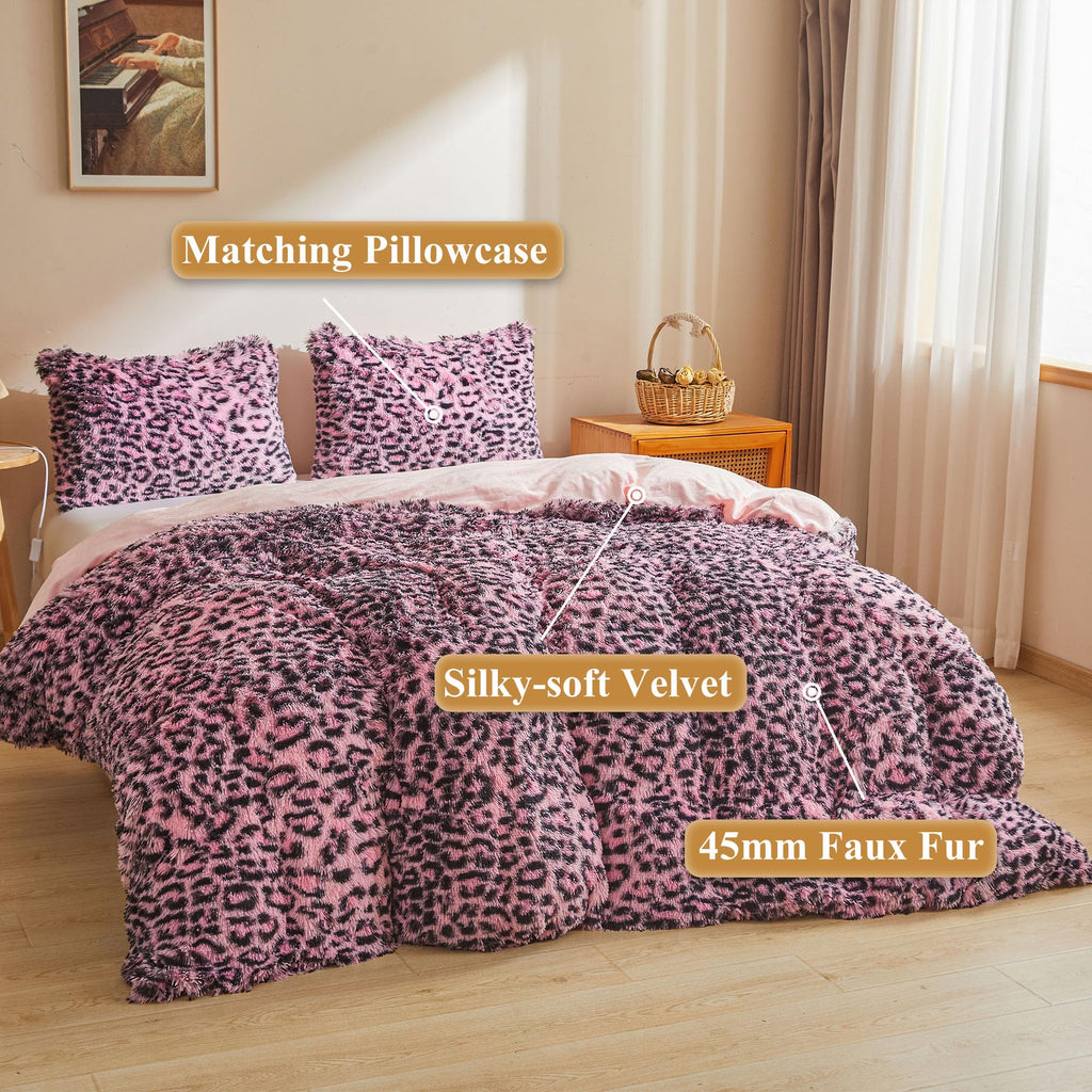 XeGe Cheetah Print Fluffy Faux Fur Duvet Cover Set, 3 Pieces Soft Plush Shaggy Fuzzy Bedding Set(1 Faux Fur Leopard Print Comforter Cover + 2 Furry Pillow Cases), Zipper Closure(King, Pink)