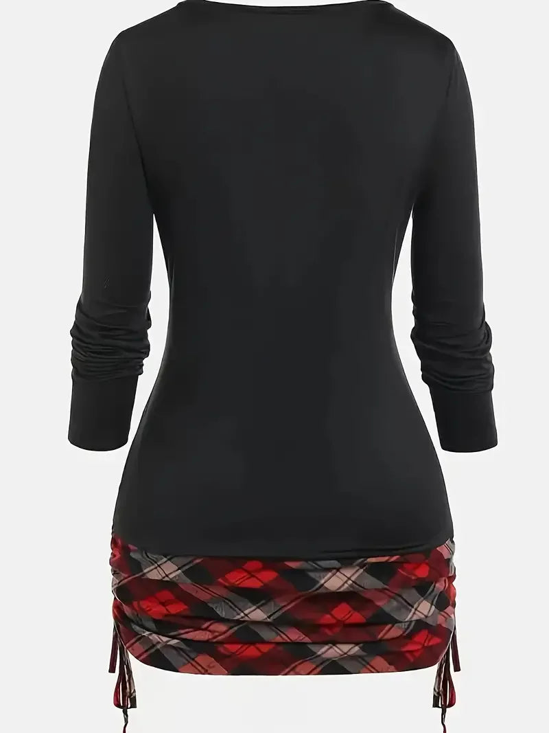 Plaid Printed Ripped Long Sleeve Top T-Shirt
