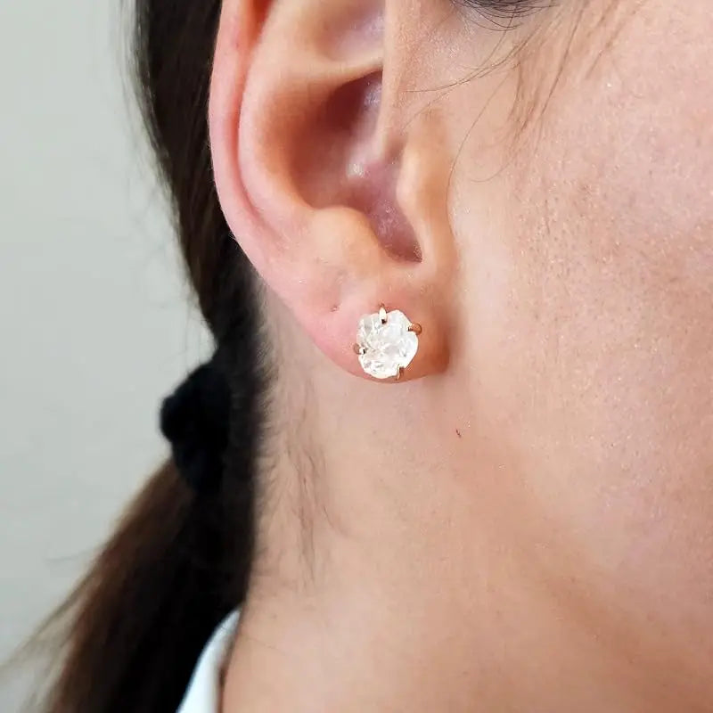 5-7mm Raw Crystal Quartz Stone Rose Gold Plated Prong Set Stud Earring