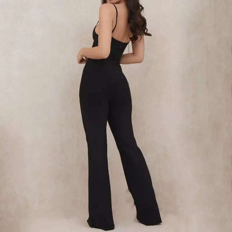 V-Neck Halter Sleeveless Backless Stretch Bandage Jumpsuit