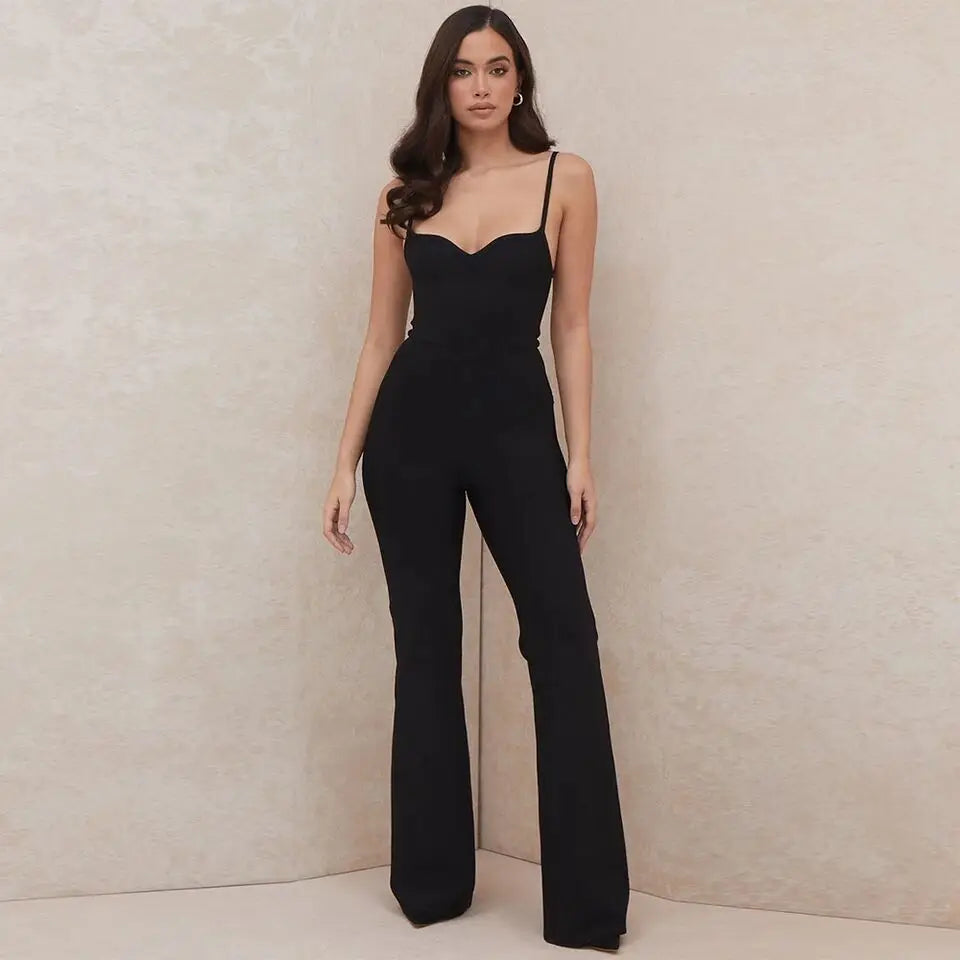 V-Neck Halter Sleeveless Backless Stretch Bandage Jumpsuit