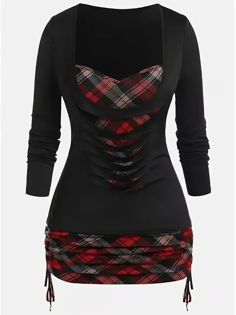 Plaid Printed Ripped Long Sleeve Top T-Shirt