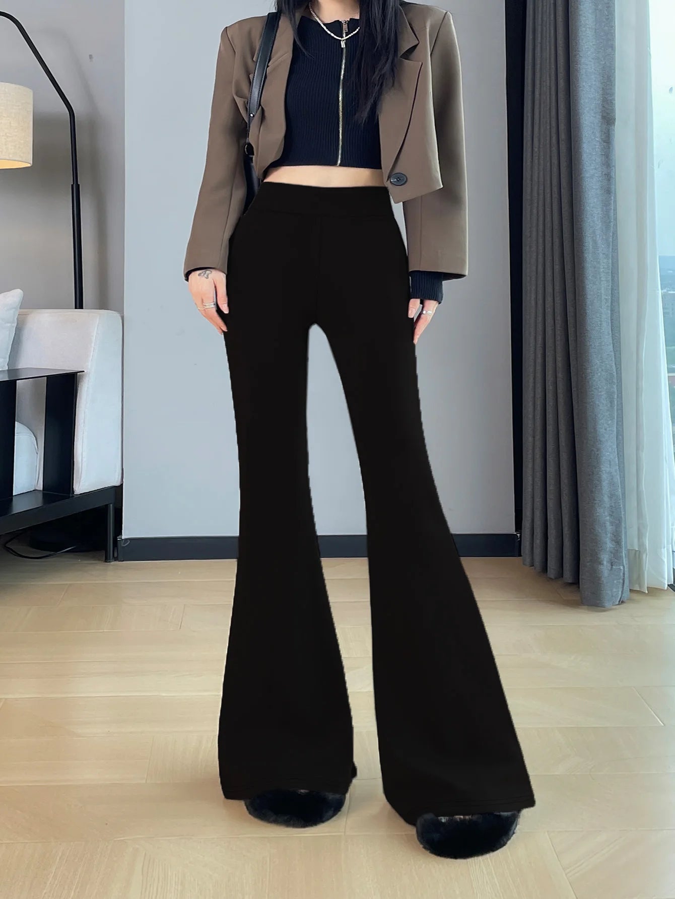 Loose Solid Color Flared Trousers
