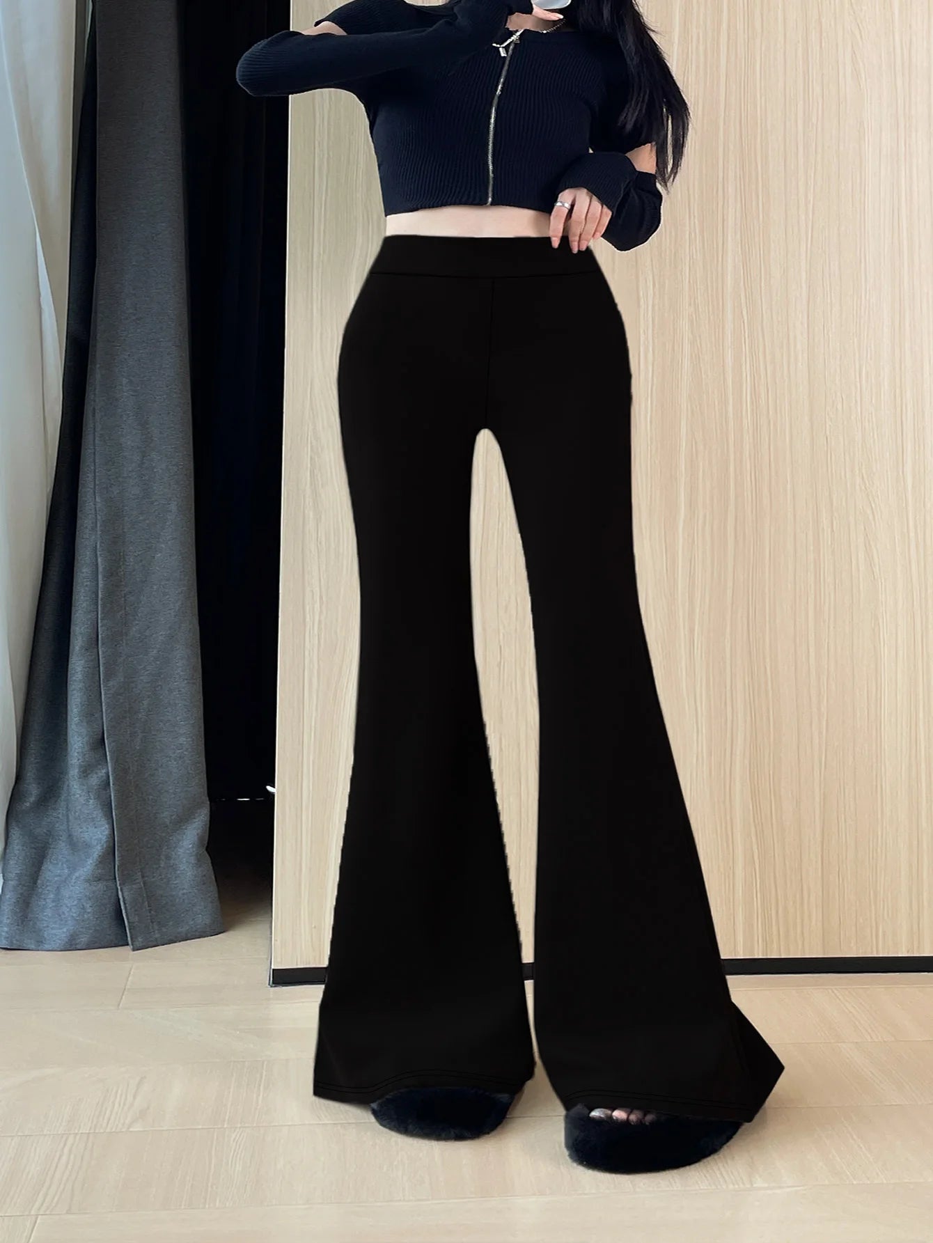 Loose Solid Color Flared Trousers