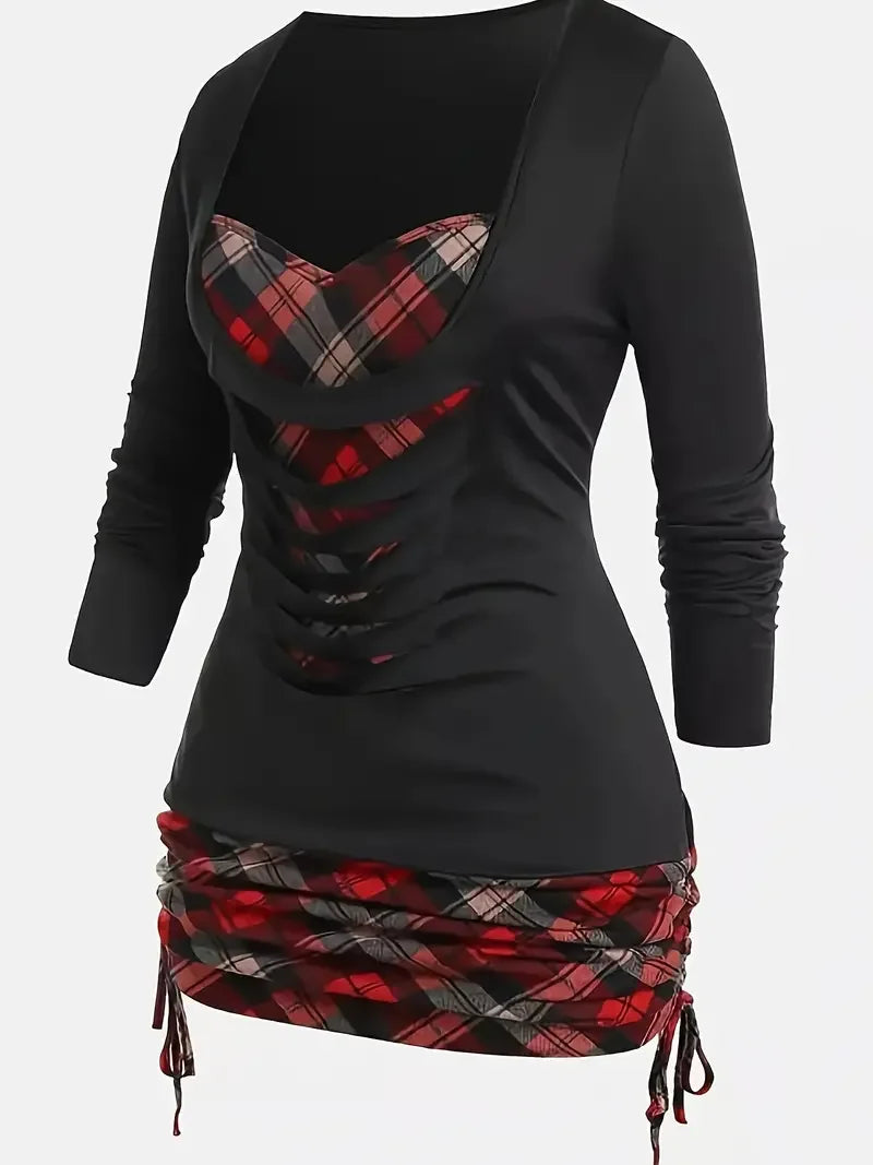 Plaid Printed Ripped Long Sleeve Top T-Shirt