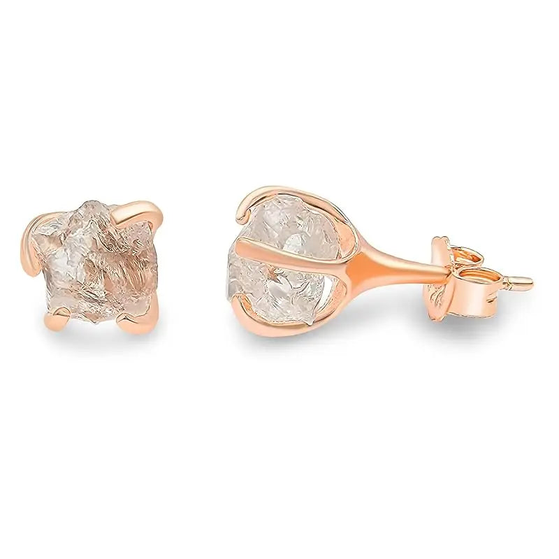 5-7mm Raw Crystal Quartz Stone Rose Gold Plated Prong Set Stud Earring