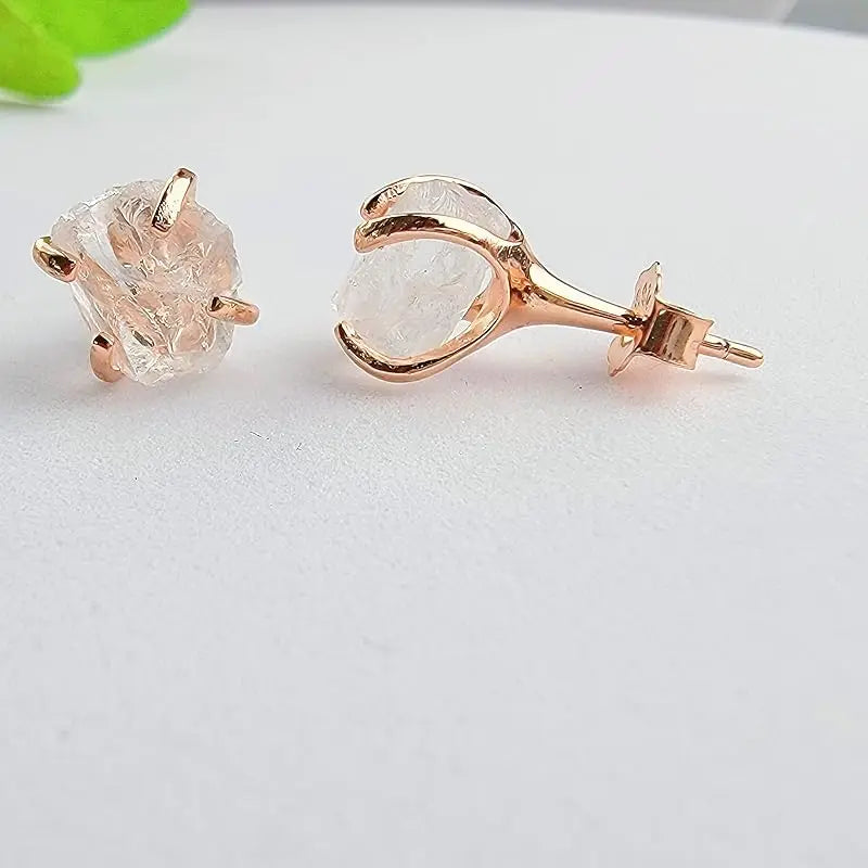 5-7mm Raw Crystal Quartz Stone Rose Gold Plated Prong Set Stud Earring