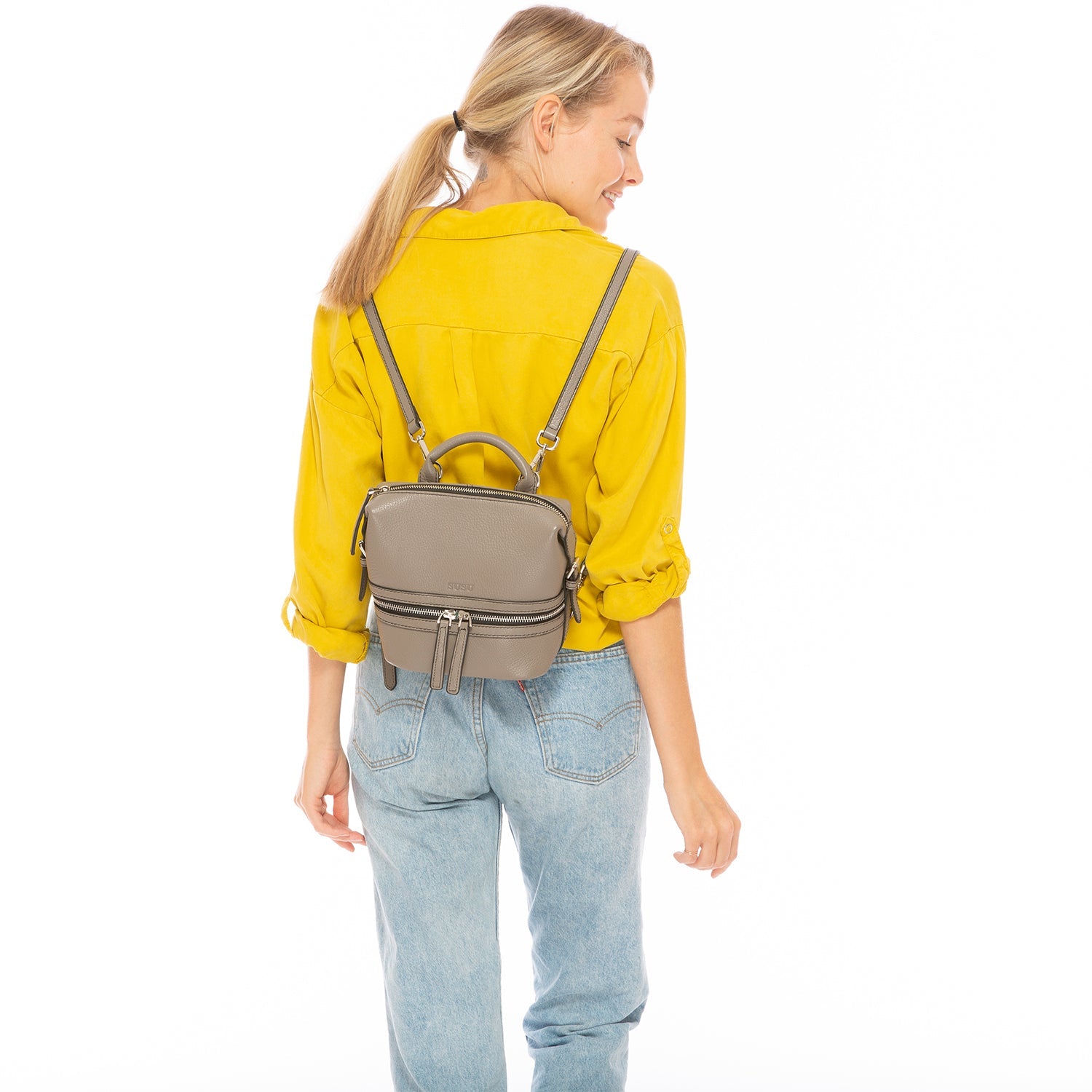 Gray Leather Backpack Purse for Women Convertible Crossbody Bag Medium Size with Front and Back Pockets