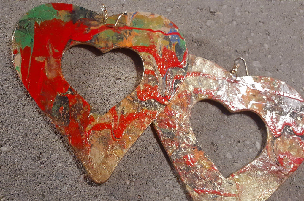 Giant Abstract Handpainted Heart Earrings
