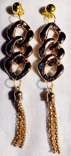 Gold Acrylic Chain and tassel Clip on Earrings