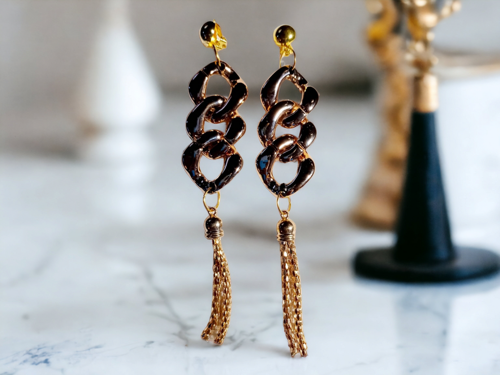 Gold Acrylic Chain and tassel Clip on Earrings