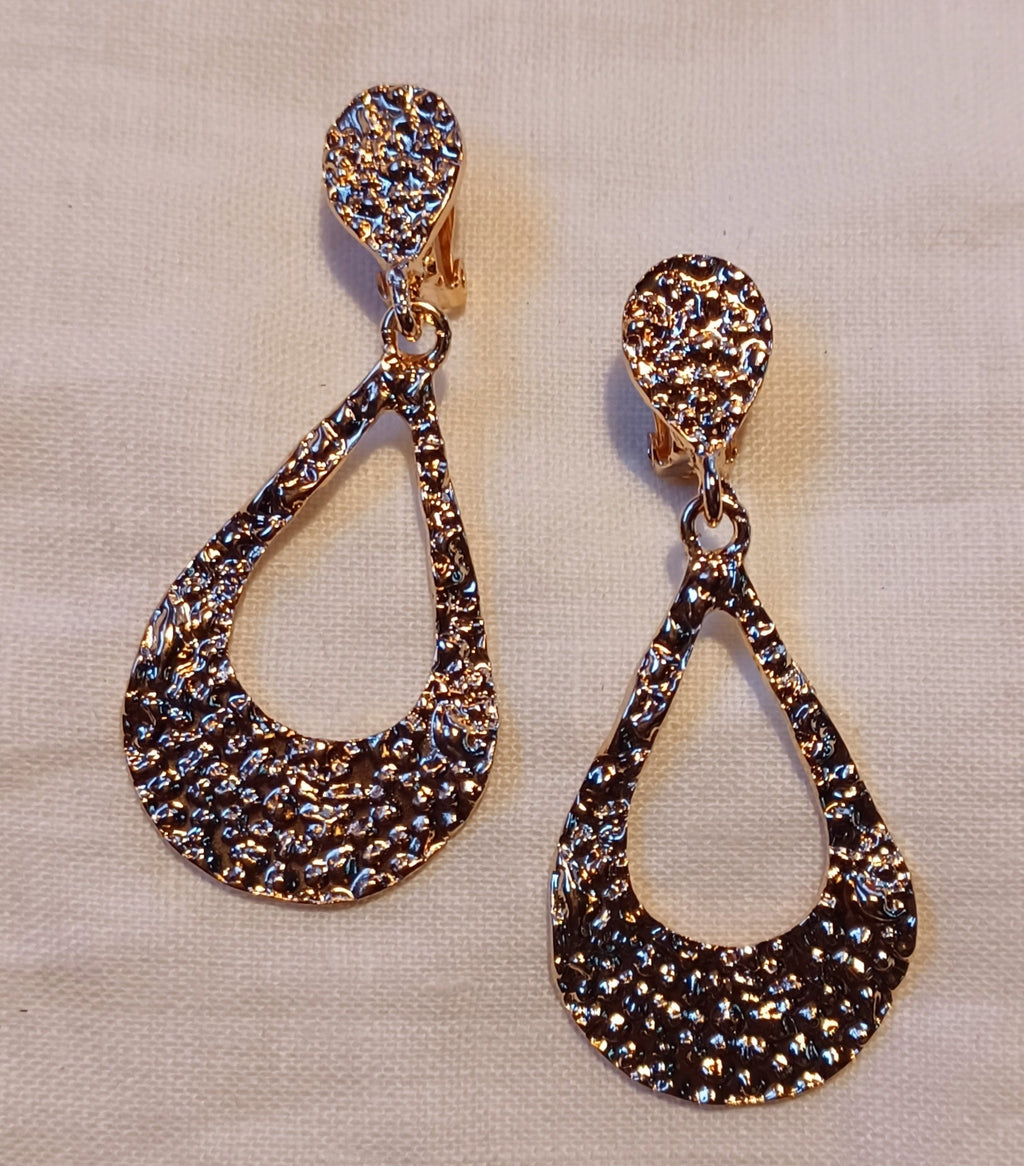 Gold Hammered Hoop Clip on Earrings 2 inch