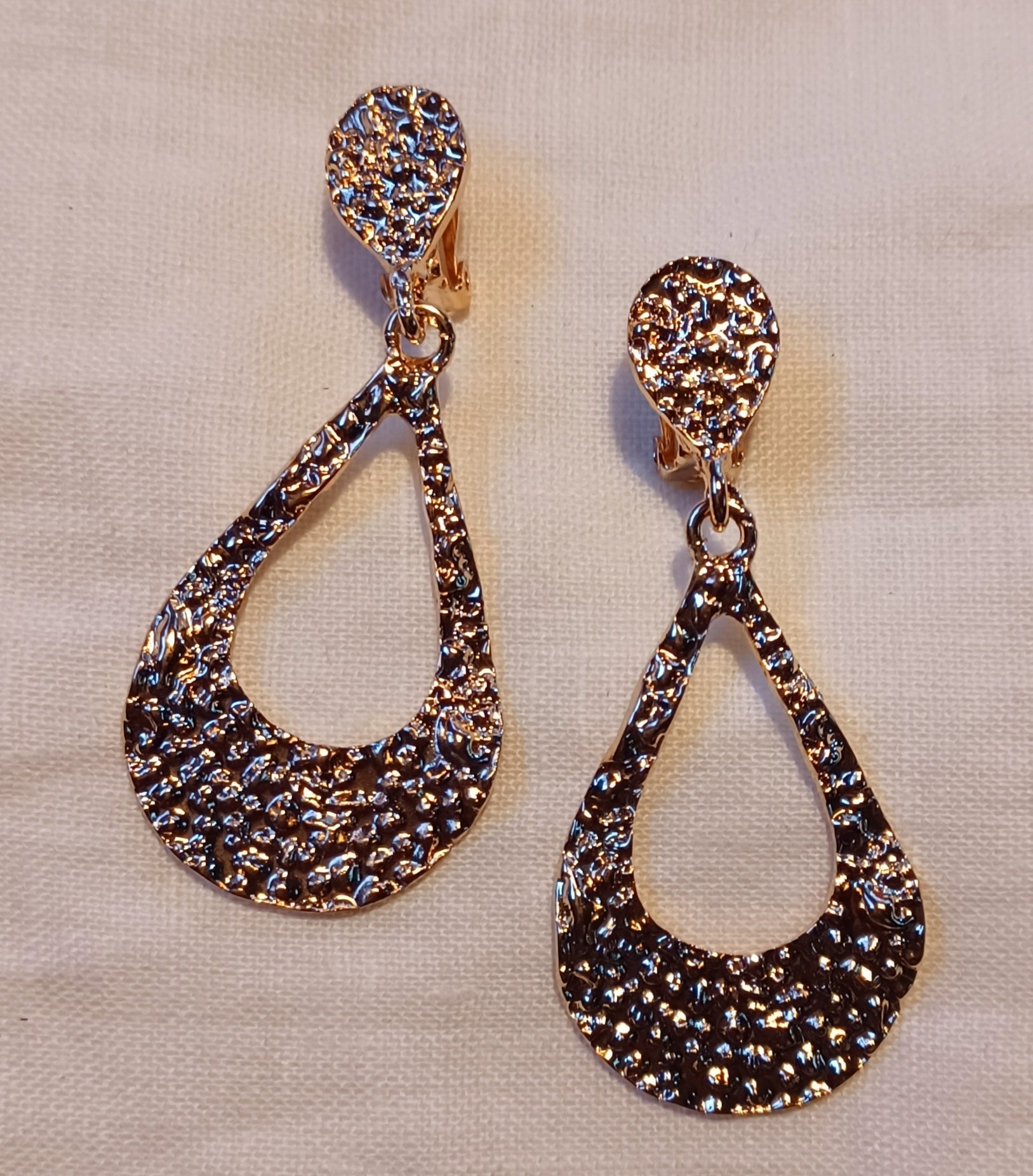 Gold Hammered Hoop Clip on Earrings 2 inch