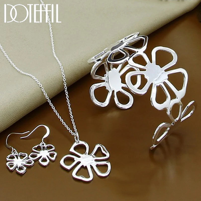 925 Sterling Silver 18 Inch Chain Flower Necklace Bangle Earring Set