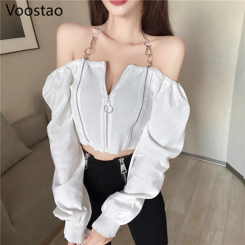 Off Shoulder Slash Neck Knitted Long Sleeve T-Shirt
