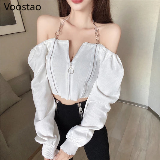 Off Shoulder Slash Neck Knitted Long Sleeve T-Shirt