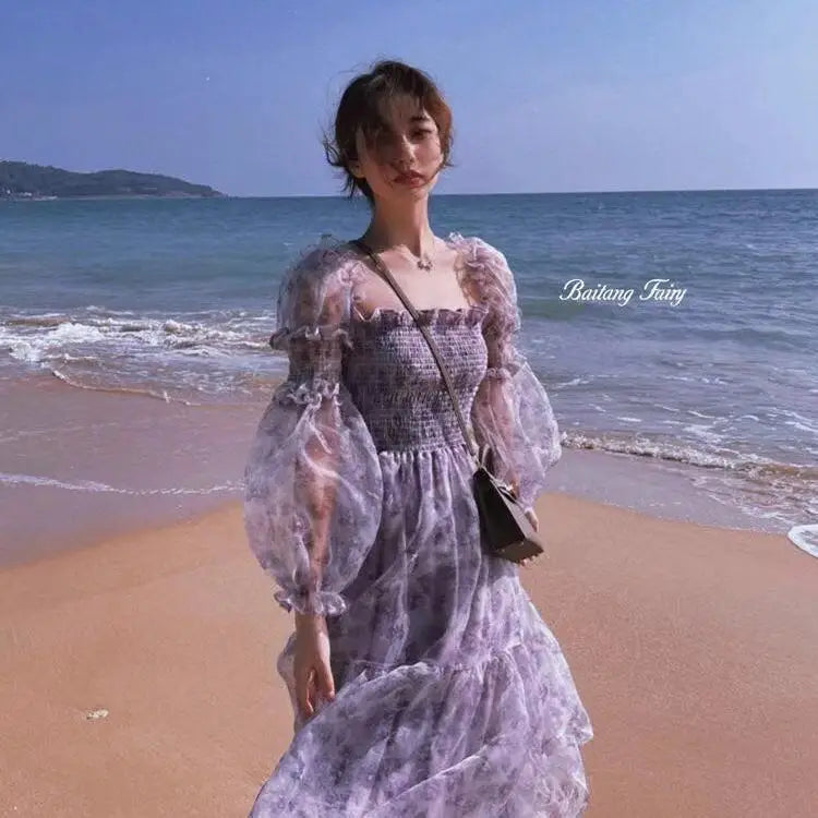 Mesh Sweet Mid-calf Print Long Sleeve Dress
